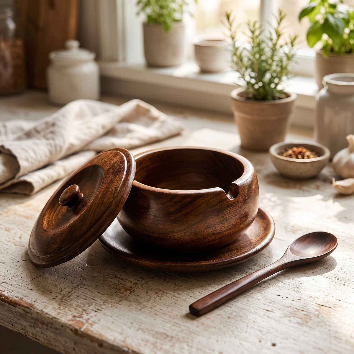 Handcrafted Wooden & Brass Carving Sugar Pot