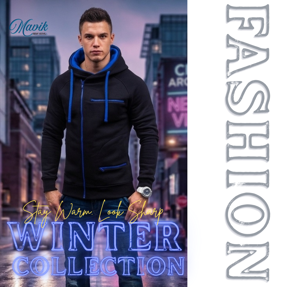 Men's Blank Hoodie Jacket with Blue Zips